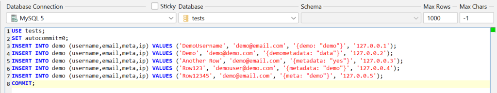 Running a SET autocommit=0; query, importing data, and COMMITing changes to MySQL.