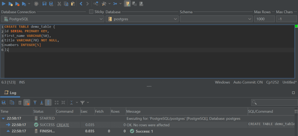 Creating a table with an array of numbers in PostgreSQL with DbVisualizer