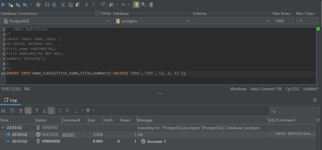 Inserting array values into a table in PostgreSQL with DbVisualizer