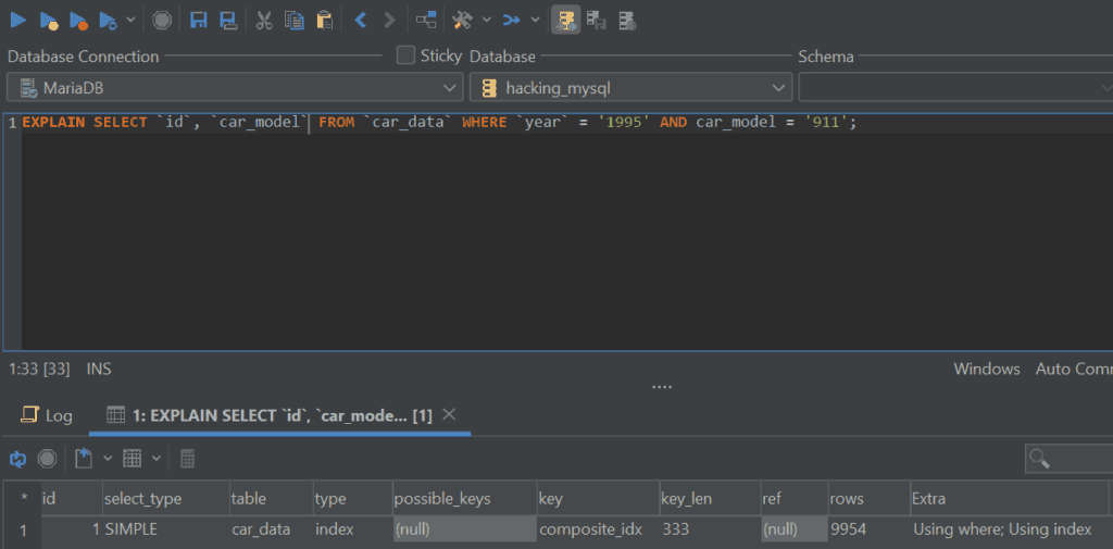 Searching for an ID and a car model according to a year and car model in MariaDB