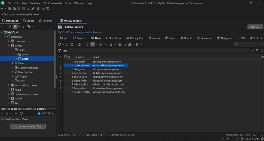 The Data tab of the users table in DbVisualizer