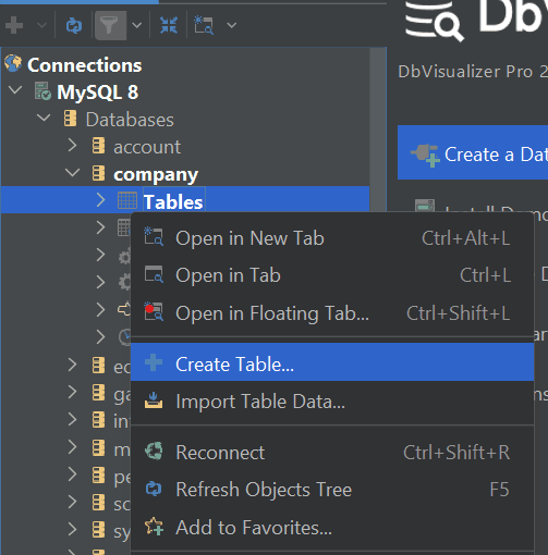 Selecting the Create Table option in DbVisualizer