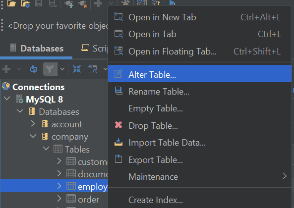 Selecting the Alter Table option in DbVisualizer