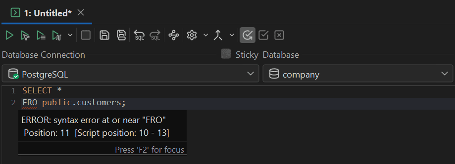 Visual syntax error reporting in DbVisualizer